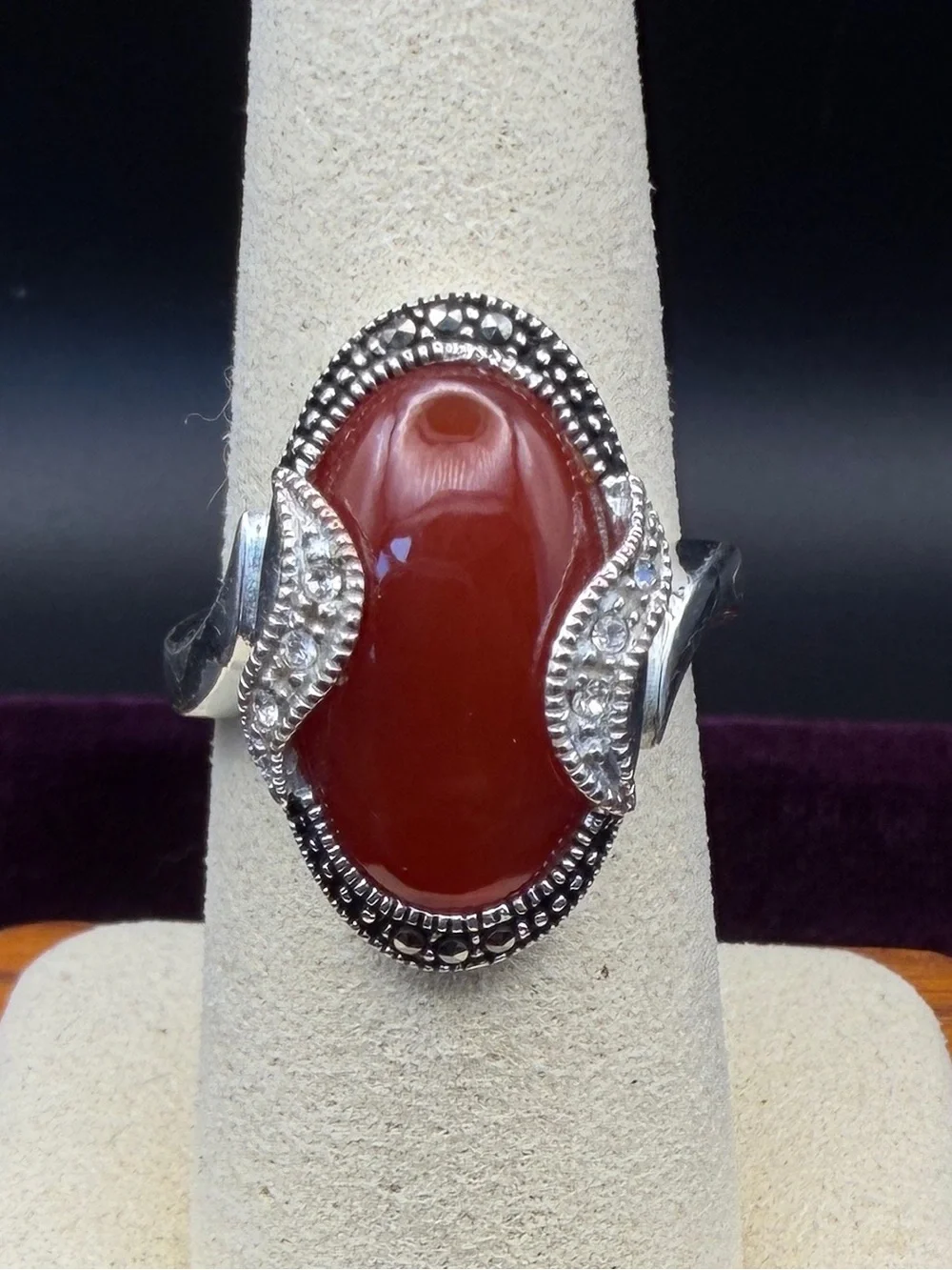Boho Vintage Carnelian & Marcasite Silver Ring - Sz 8 Perfect for Summer